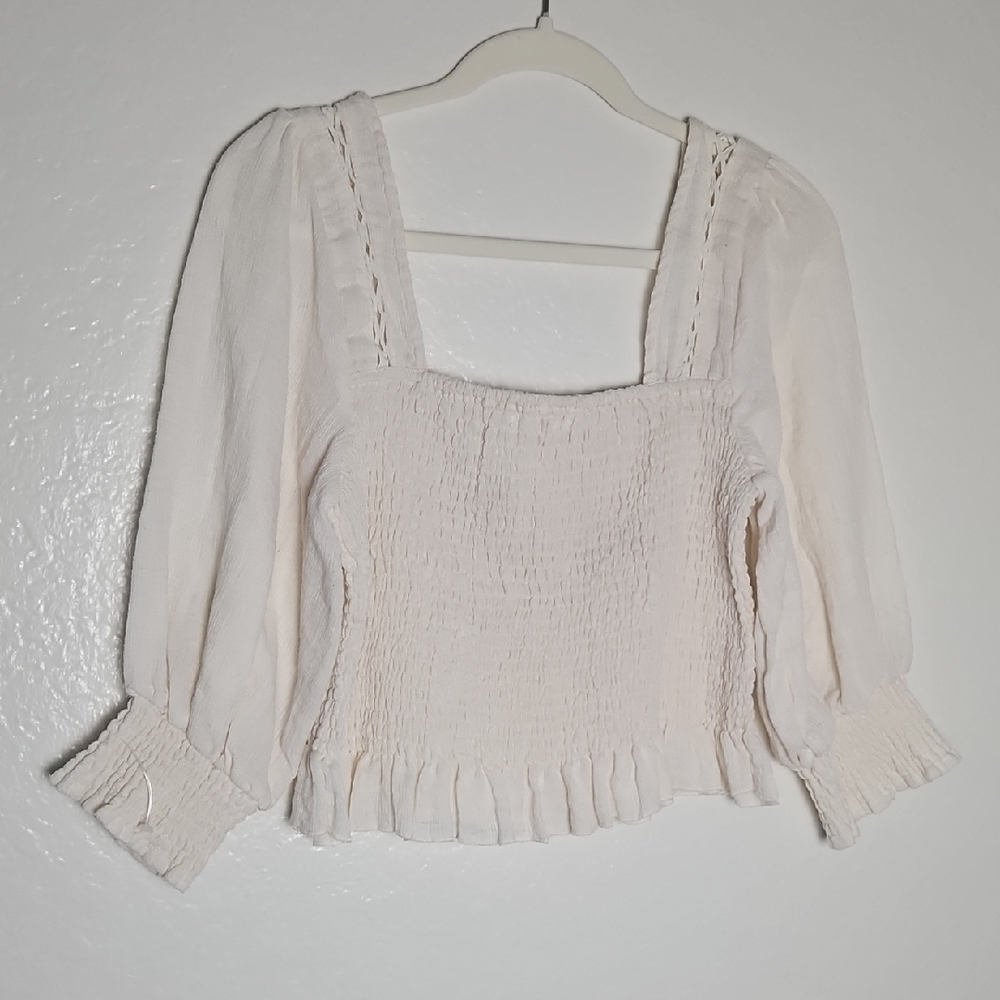 Chic Women's Cream Blouse with Smocked Bodice